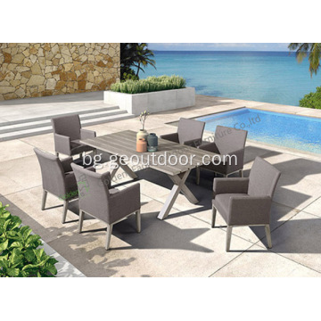 Градински алуминиев 6 стола и правоъгълен комплект маси
